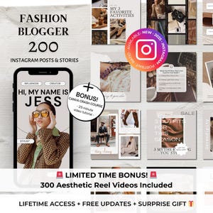 Op de afbeelding: Een collage van afbeeldingen die de Instagram-inhoud van een modeblogger promoten. De collage bevat afbeeldingen van kleding, accessoires en lifestyle-inhoud. De tekst "FASHION BLOGGER 200 INSTAGRAM POSTS & STORIES" staat bovenaan de collage. De tekst "HI, MY NAME IS JESS" staat in een afbeelding van een telefoonscherm. De tekst "LIMITED TIME BONUS! 300 Aesthetic Reel Videos Included" staat onderaan de collage.