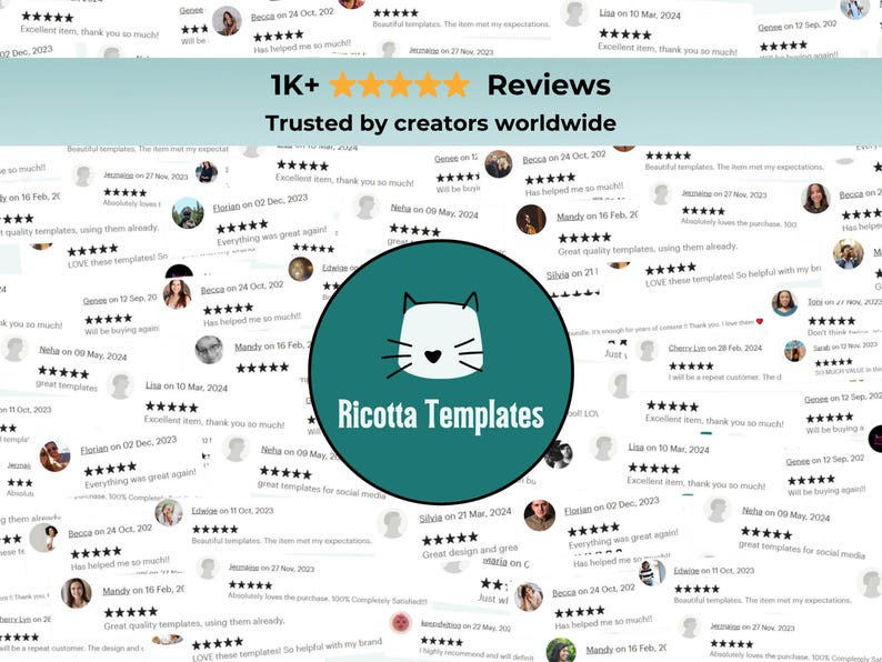 K&ouml;nnte beinhalten: Werbebild mit wei&szlig;em Hintergrund, das Kundenbewertungen und einen t&uuml;rkisfarbenen Kreis mit einem Katzenlogo und dem Text "Ricotta Templates" zeigt. Der Text "1K+ Reviews" wird mit f&uuml;nf goldenen Sternen und dem Satz "Trusted by creators worldwide" angezeigt.