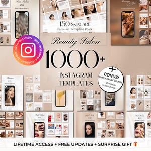 Paquete de más de 1000 plantillas Canva para Instagram de salones de belleza: peluquería, salón de uñas, cuidado de la piel, pestañas, masajes, spa, depilación, esteticista