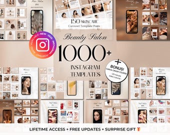 May include: A collage of images promoting over 1000 Instagram templates for beauty salons. The images showcase a range of beauty services, including skincare, hair styling, and nail care. The text "Beauty Salon 1000+ Instagram Templates" is prominently displayed in the centre of the collage. A bonus Canva crash course is also included.