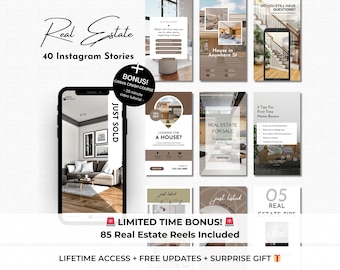 May include: A collection of 40 Instagram story templates for real estate agents. The templates feature a variety of designs, including photos of houses, text overlays, and graphics. The templates are designed to help real estate agents promote their services and connect with potential clients.