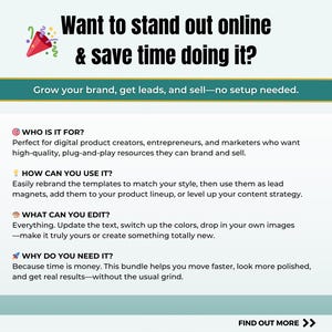 K&ouml;nnte beinhalten: Werbegrafik mit dem Text "Want to stand out online & save time doing it?" und Informationen &uuml;ber digitale Produktressourcen. Das Bild enth&auml;lt Details dar&uuml;ber, f&uuml;r wen es bestimmt ist, wie man es verwendet, was bearbeitet werden kann und warum es ben&ouml;tigt wird.
