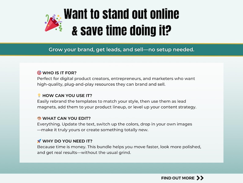 K&ouml;nnte beinhalten: Werbegrafik mit dem Text "Want to stand out online & save time doing it?" und Informationen &uuml;ber digitale Produktressourcen. Das Bild enth&auml;lt Details dar&uuml;ber, f&uuml;r wen es bestimmt ist, wie man es verwendet, was bearbeitet werden kann und warum es ben&ouml;tigt wird.