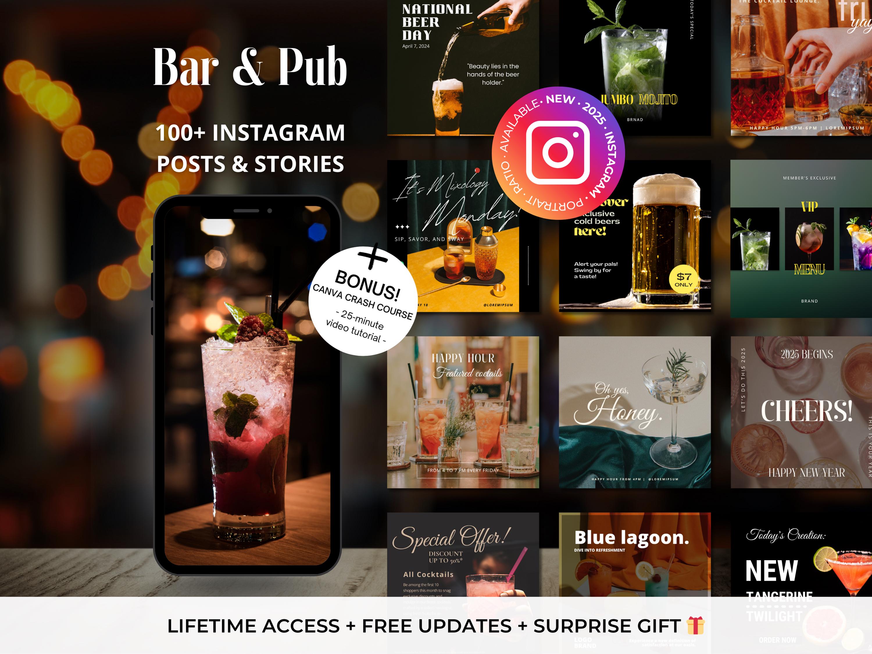 100+ Bar, Pub Instagram Canva Templates - Cocktail Bar Editable Post Templates -Winery Instagram Post Templates -Bar,Pub Instagram Marketing