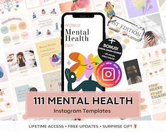 111 Mental Health Social Media Instagram Templates - Psychotherapy Post Templates Canva Editable -Wellness Therapist, Counsellor Templates