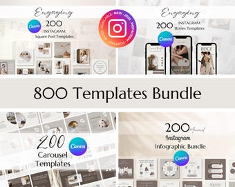 May include: A bundle of 800 Canva templates for Instagram, including 200 square post templates, 200 story templates, 200 carousel templates, and 200 minimal infographic templates. The templates feature a beige and brown color scheme.