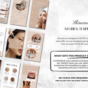 May include: A set of Instagram story templates for skincare brands. The templates feature a cohesive colour palette and fonts, and include pre-filled text. No Canva Pro is required to use these templates.