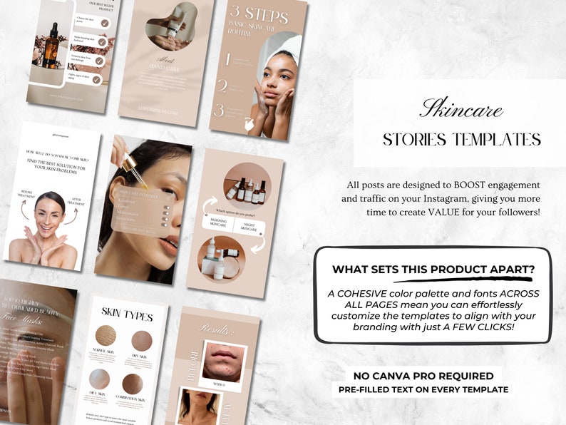 May include: A set of Instagram story templates for skincare brands. The templates feature a cohesive colour palette and fonts, and include pre-filled text. No Canva Pro is required to use these templates.