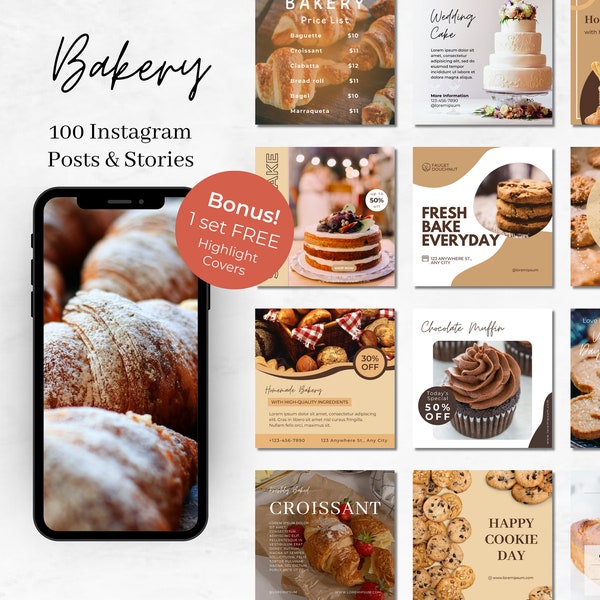 100 Bakery Instagram Canva Templates - Cake Decorator Social Media - Bake Shop Kit - Cake Business Marketing - Café Instagram