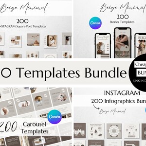 May include: A bundle of 800 Instagram templates in a beige minimal style. The bundle includes 200 square post templates, 200 story templates, and 200 carousel templates. The templates are designed for use with Canva.