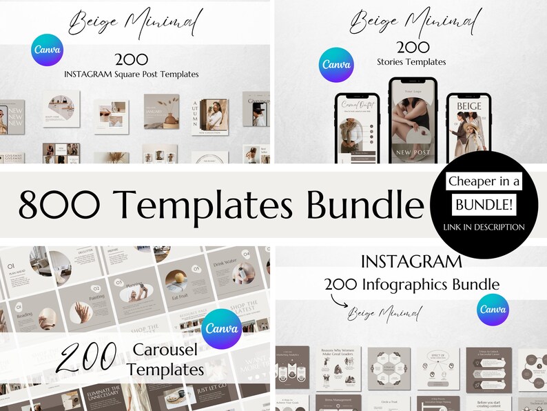 May include: A bundle of 800 Instagram templates in a beige minimal style. The bundle includes 200 square post templates, 200 story templates, and 200 carousel templates. The templates are designed for use with Canva.