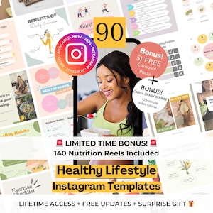 90 Healthy Lifestyle Instagram Canva Templates - Health & Wellness Instagram - Healthy Eating Instagram Template - Nutritionist Social Media