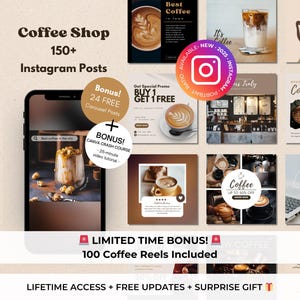 Op de afbeelding: Een verzameling van meer dan 150 Instagram-posttemplates voor koffiezaakjes, met afbeeldingen van koffiedrankjes, koffiezaakjes en koffiegerelateerde tekst. De templates zijn ontworpen om te worden gebruikt op sociale mediaplatforms zoals Instagram. De tekst op de afbeelding luidt "Coffee Shop 150+ Instagram Posts".
