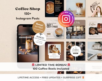 May include: A collection of 150+ Instagram post templates for coffee shops, featuring images of coffee drinks, coffee shops, and coffee-related text. The templates are designed to be used on social media platforms like Instagram. The text on the image reads "Coffee Shop 150+ Instagram Posts".