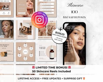 100 Skincare Post Instagram Templates - Esthetician Luxury Skincare Canva Templates - Beauty Salon Templates -Skincare Coaching and Branding