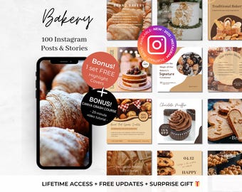 100 Bakery Instagram Templates - Cake Decorator Canva Editable Social Media Bundle - Bake Shop Kit - Cake, Café Business Marketing Templates