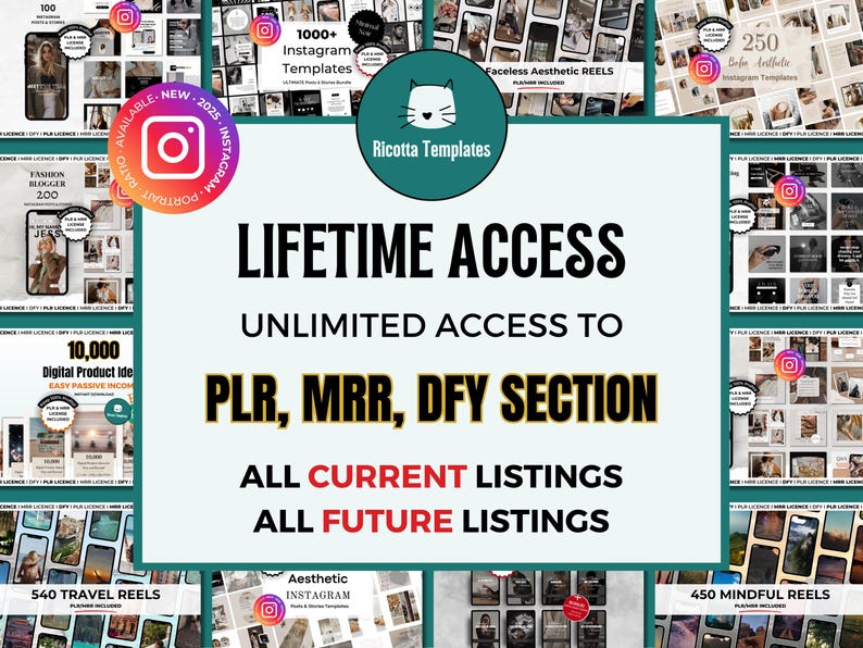 K&ouml;nnte beinhalten: Werbebild f&uuml;r digitale Produkte mit dem Text "LIFETIME ACCESS" und "UNLIMITED ACCESS TO PLR, MRR, DFY SECTION". Das Bild zeigt Instagram-Vorlagen und Reels in einem t&uuml;rkis-wei&szlig;en Farbschema.