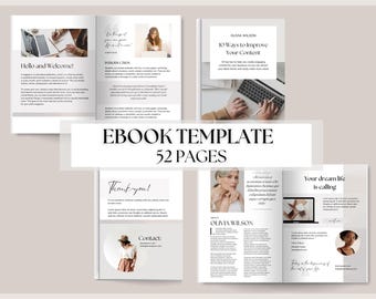 May include: A white and black ebook template with a minimalist design. The cover features the text "EBOOK TEMPLATE 52 PAGES". The interior pages include text, images, and a thank you page.