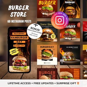 60 Instagram Post Canva Templates For Burger Store Restaurant - Editable Burger Restaurant Instagram Templates - Fast Food Canva Editable