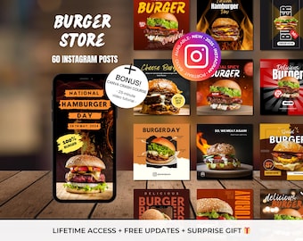 60 Instagram Post Canva Templates For Burger Store Restaurant - Editable Burger Restaurant Instagram Templates - Fast Food Canva Editable