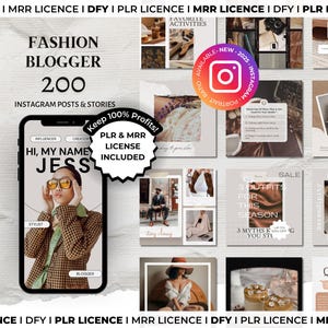 Puede incluir: Producto de marketing digital con un smartphone que muestra una publicación de Instagram de una bloguera de moda. La imagen incluye el texto "Fashion Blogger 200 Instagram Posts & Stories" y "PLR & MRR License Included."