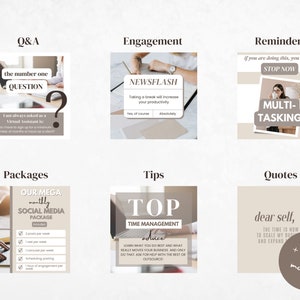 Op de afbeelding: Een collage van negen afbeeldingen met tips voor social media managers. De afbeeldingen zijn verdeeld in drie rijen van drie. De bovenste rij is gelabeld met "Q&A", "Betrokkenheid" en "Herinneringen". De middelste rij is gelabeld met "Pakketten", "Tips" en "Citaten". De onderste rij is gelabeld met "Ons Mega Maandelijkse Social Media Pakket", "Top Time Management Advies" en "Lieve Zelf, De Tijd Is Nu Om Mijn Bedrijf Te Schalen En Mijn Bereik Uit Te Breiden + Veel Meer!"