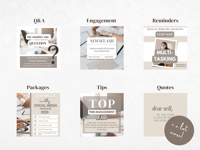 Op de afbeelding: Een collage van negen afbeeldingen met tips voor social media managers. De afbeeldingen zijn verdeeld in drie rijen van drie. De bovenste rij is gelabeld met "Q&A", "Betrokkenheid" en "Herinneringen". De middelste rij is gelabeld met "Pakketten", "Tips" en "Citaten". De onderste rij is gelabeld met "Ons Mega Maandelijkse Social Media Pakket", "Top Time Management Advies" en "Lieve Zelf, De Tijd Is Nu Om Mijn Bedrijf Te Schalen En Mijn Bereik Uit Te Breiden + Veel Meer!"
