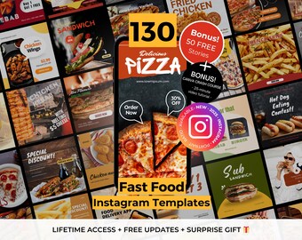 130 Instagram Post Canva Templates For Fast Food Restaurant -Editable Restaurant Instagram -Pizza, Hot Dog, Chicken Instagram-Food Instagram