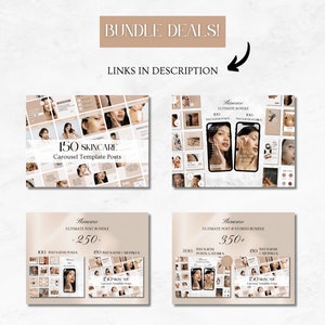 May include: A collage of images showcasing different bundle deals for skincare social media templates. The bundles include 150, 250, and 350+ carousel template posts and stories. The text "BUNDLE DEALS!" is displayed in a brown rectangle at the top of the image. The text "LINKS IN DESCRIPTION" is displayed below the rectangle.