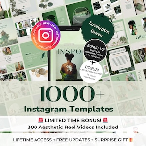 ULTIMATE 1000+ Green Instagram Portrait Templates - Green Canva Editable Instagram Templates - Green Posts, Stories, Carousels, Highlights