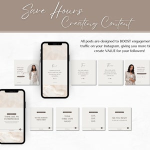 May include: A phone screen displaying a series of Instagram post templates with tips for creating engaging content. The posts feature a light brown marble background with white text and a woman in a striped shirt. The text on the posts includes phrases like "Think like an entrepreneur", "Do the hardest thing first", "Think three steps ahead", "Give, give, give", and "Are you ready?"