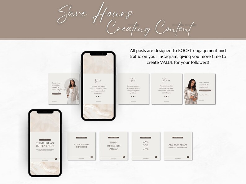 May include: A phone screen displaying a series of Instagram post templates with tips for creating engaging content. The posts feature a light brown marble background with white text and a woman in a striped shirt. The text on the posts includes phrases like "Think like an entrepreneur", "Do the hardest thing first", "Think three steps ahead", "Give, give, give", and "Are you ready?"