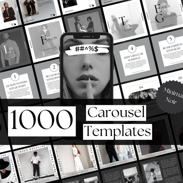 Lot de 1000 modèles minimalistes noirs sur toile pour carrousel Instagram - Boîte à outils marketing - Modèles pour coaching - Élégantes publications de carrousel pour Instagram