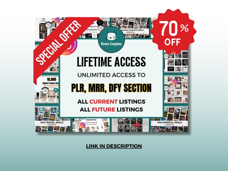 May include: A collage of images promoting a lifetime access offer to a digital product library. The offer includes access to PLR, MRR, and DFY sections, with a 70% discount. The text "SPECIAL OFFER" and "LIFETIME ACCESS" is highlighted in red.