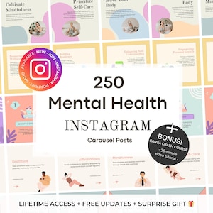 May include: A digital product mockup with a pink, blue and yellow colour scheme. The text "250 Mental Health Instagram Carousel Posts" is displayed in a large, bold font. The image also includes a bonus Canva crash course.