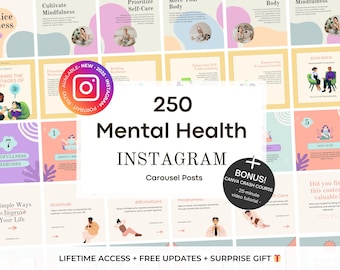 250 Mental Health Instagram Carousel Templates - Psychotherapy Therapist Canva Editable Templates -Wellness & Self-Care Social Media Posts