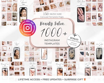 May include: A collage of images showcasing 1,000+ Instagram templates for beauty salons. The templates feature a pink and white colour scheme and include images of skincare, makeup, hair, and nails. The text "Beauty Salon 1000+ Instagram Templates" is prominently displayed in the centre of the image.