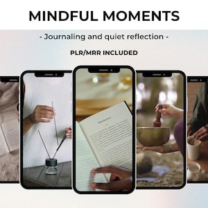 May include: Four phone screens showing different images related to mindfulness. The first screen shows a journal and a blanket. The second screen shows a person holding incense sticks. The third screen shows a person holding a book titled "Meditation". The fourth screen shows a person holding a singing bowl.