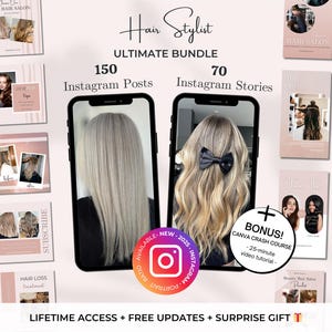 220 Hair Stylist Instagram Templates - Hair Salon Posts and Stories - Hair Extensions Canva Templates - Hair Products Instagram Marketing