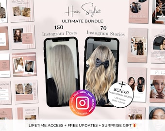 220 Hair Stylist Instagram Templates - Hair Salon Posts and Stories - Hair Extensions Canva Templates - Hair Products Instagram Marketing