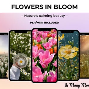 May include: Five phone screens displaying images of flowers in bloom. The screens show a variety of flowers, including white tulips, pink tulips, yellow daisies, and white flowers with a yellow center. The text "FLOWERS IN BLOOM" and "Nature's calming beauty" is displayed at the top of the image.