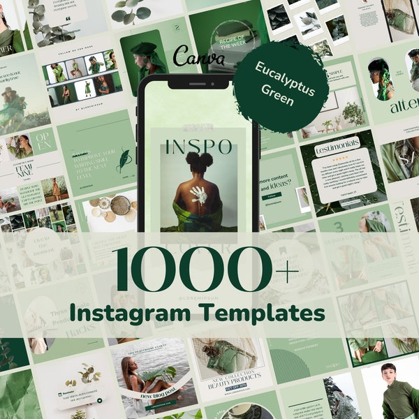 Plus de 1000 modèles Instagram ultimes - modèles toile vert eucalyptus - minimal - vert - modèles de contenu, de publication et d'histoires Instagram