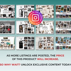 K&ouml;nnte beinhalten: Werbebild mit verschiedenen digitalen Produktvorlagen f&uuml;r Instagram, darunter Reels und &auml;sthetische Inhalte. Das Bild enth&auml;lt Text wie "1000+ Instagram-Vorlagen" und "Digitale Produktideen". Das Instagram-Logo ist prominent dargestellt.