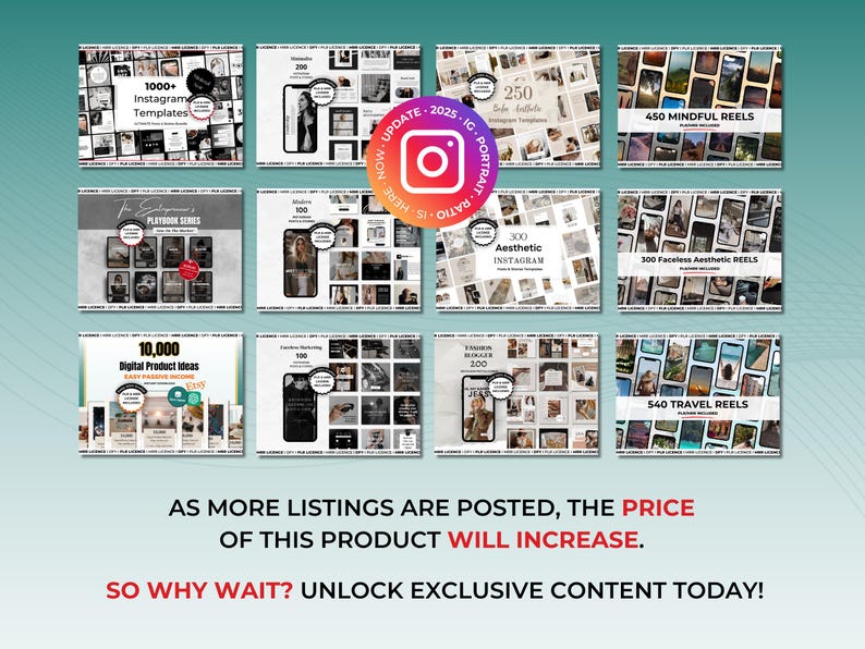 K&ouml;nnte beinhalten: Werbebild mit verschiedenen digitalen Produktvorlagen f&uuml;r Instagram, darunter Reels und &auml;sthetische Inhalte. Das Bild enth&auml;lt Text wie "1000+ Instagram-Vorlagen" und "Digitale Produktideen". Das Instagram-Logo ist prominent dargestellt.