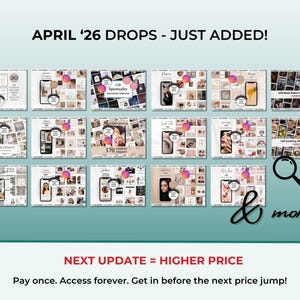 K&ouml;nnte beinhalten: Ein Werbebild mit dem Text "APRIL '26 DROPS - JUST ADDED!" und "NEXT UPDATE = HIGHER PRICE". Das Bild zeigt verschiedene Instagram-Vorlagen, darunter "120 Spirituality" und "170 Instagram Templates". Eine Lupe und die Worte "& more..." sind ebenfalls vorhanden.