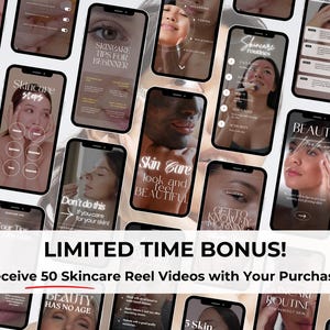 May include: A collage of images promoting skincare tips and routines. The images feature various people with different skin tones and ages. The text includes phrases like "Skincare Steps", "Skincare Tips for Beginner", "Skincare Routines", "Beauty Treat", "Get to Know My Morning", "Beauty Has No Age", and "Limited Time Bonus! Receive 50 Skincare Reel Videos with Your Purchase!"