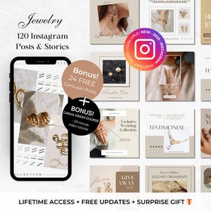 120 plantillas de joyería para Instagram en Canva - Branding de joyería en redes sociales - Plantillas para collares, pendientes y pulseras - Esteticista de moda