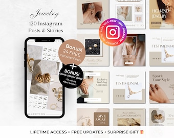 Pode incluir: Imagem promocional de joias, com um smartphone exibindo designs de joias e materiais de marketing. A imagem inclui texto como "Joias", "120 posts e stories do Instagram" e ofertas de bônus. O tema geral é elegante e moderno, com foco em marketing de mídia social.