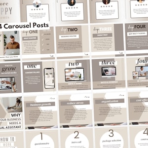 Op de afbeelding: Een beige en bruine grafiek met de tekst "154 Carousel Posts" en "more HAPPY clients". De grafiek is verdeeld in 16 vierkanten met verschillende tips voor het laten groeien van een bedrijf op sociale media. Enkele van de tips zijn "Nachtroutine", "Ochtendroutine", "Eerst zweten", "Multitasking stoppen", "Content Pillars", "Schrijf het op", "Batch & Schedule", "Wees consistent", "Bedrijfsgroei", "Stress verminderen", "Organisatie", "Kosten effectief", "Vragenlijst", "Introductiegesprek", "Pakketselectie" en "Contract".