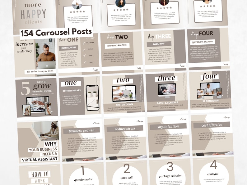 Op de afbeelding: Een beige en bruine grafiek met de tekst "154 Carousel Posts" en "more HAPPY clients". De grafiek is verdeeld in 16 vierkanten met verschillende tips voor het laten groeien van een bedrijf op sociale media. Enkele van de tips zijn "Nachtroutine", "Ochtendroutine", "Eerst zweten", "Multitasking stoppen", "Content Pillars", "Schrijf het op", "Batch & Schedule", "Wees consistent", "Bedrijfsgroei", "Stress verminderen", "Organisatie", "Kosten effectief", "Vragenlijst", "Introductiegesprek", "Pakketselectie" en "Contract".